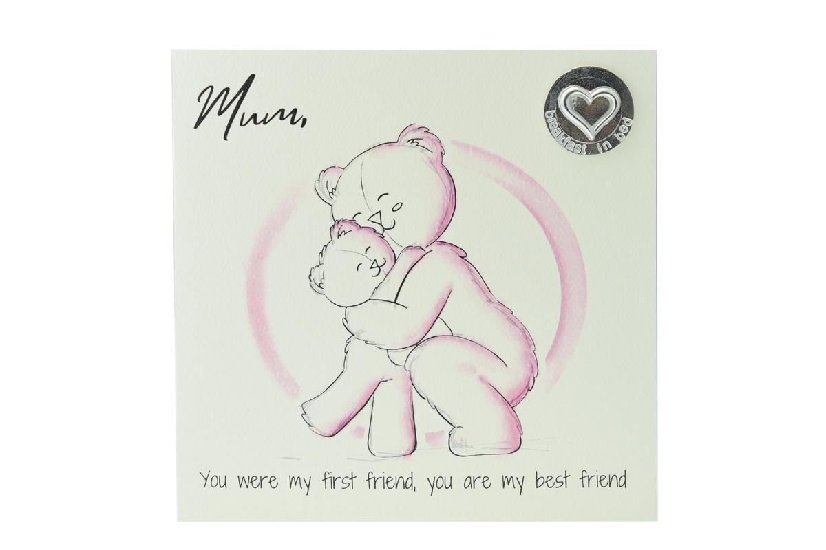 Lovely Card for Mum with a 'Breakfast in Bed' Metal Token - Perfect for Mothers Day, Birthday, Christmas