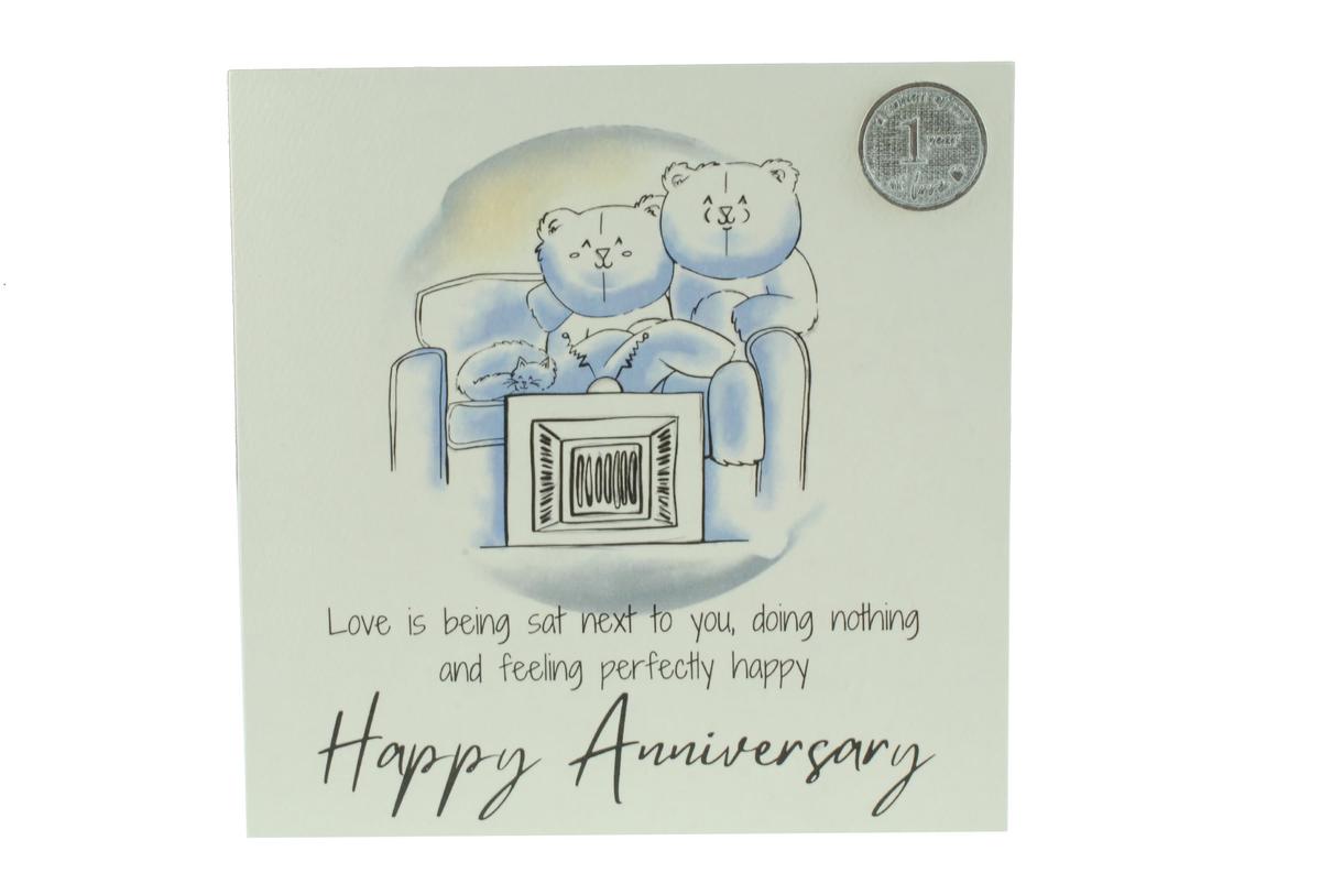 Cute Anniversary Card - Relaxed Bears Watching TV includes a Metal Love Token