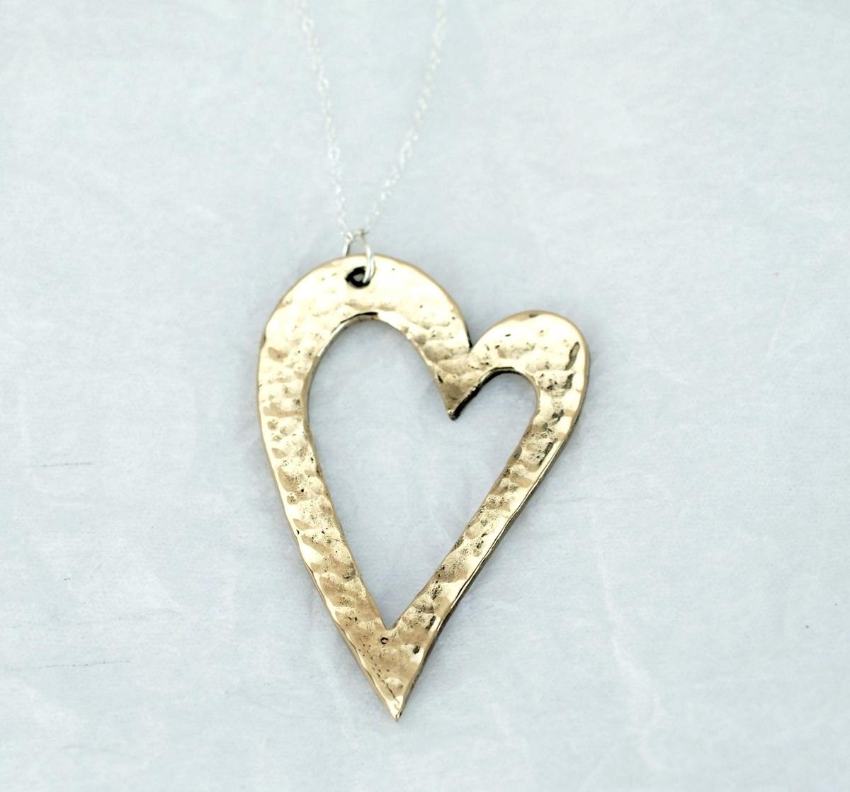 Bronze Open Heart Pendant - Modern Hammered Bronze Necklace