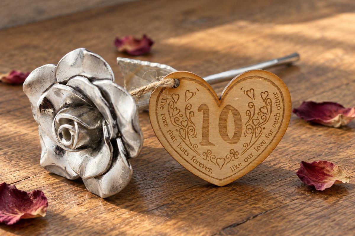 Tin rose 10th anniversary gift — silvery sculpted tin rose with engraved wooden '10' heart token