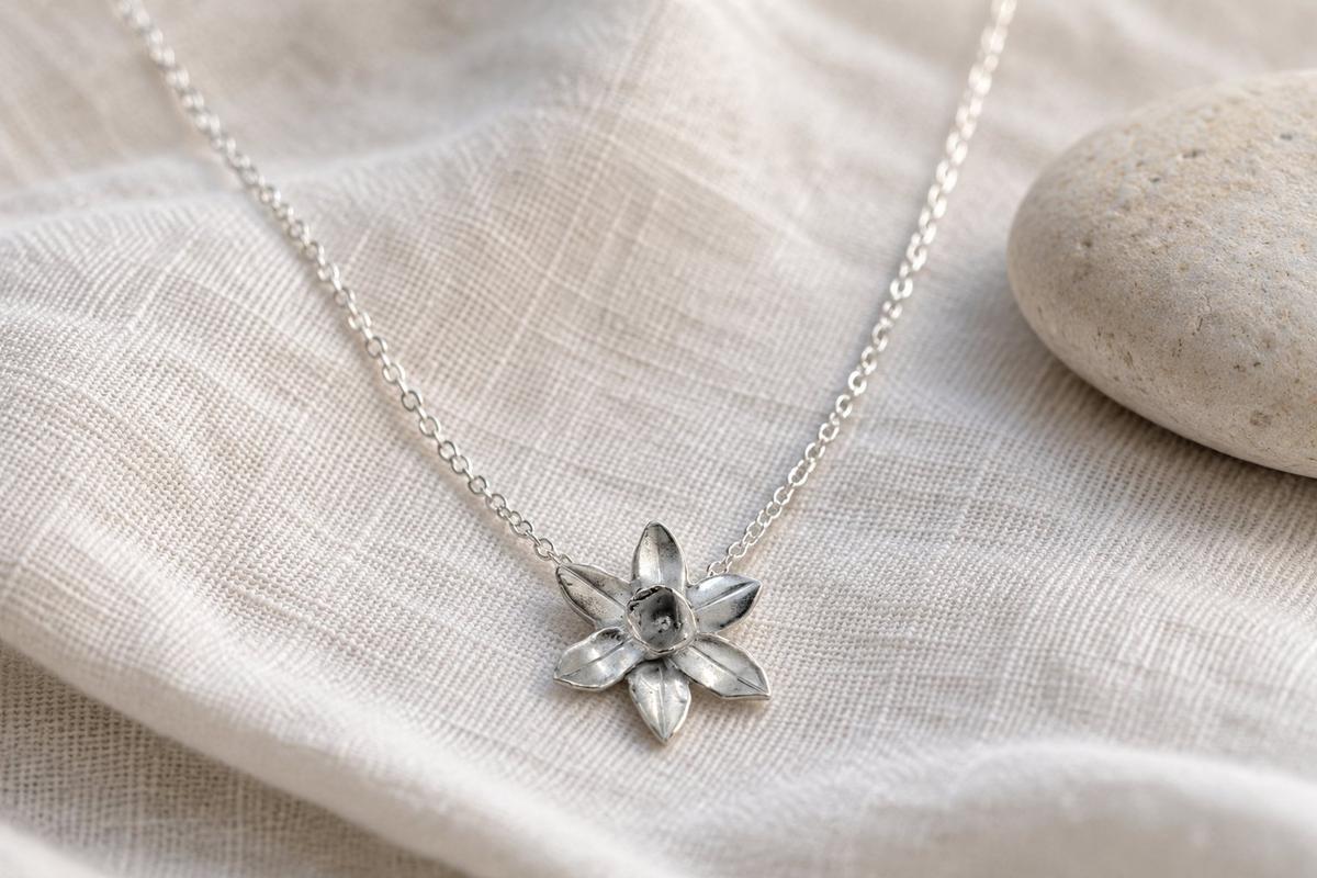 Pure-tin daffodil pendant necklace on a fine chain — 10th anniversary tin gift