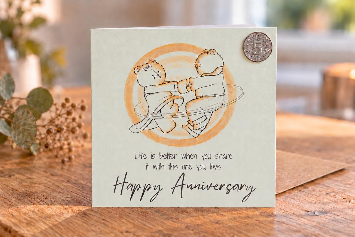 5th Anniversary Card - Bears Dancing, with 5th Anniversary Metal Token